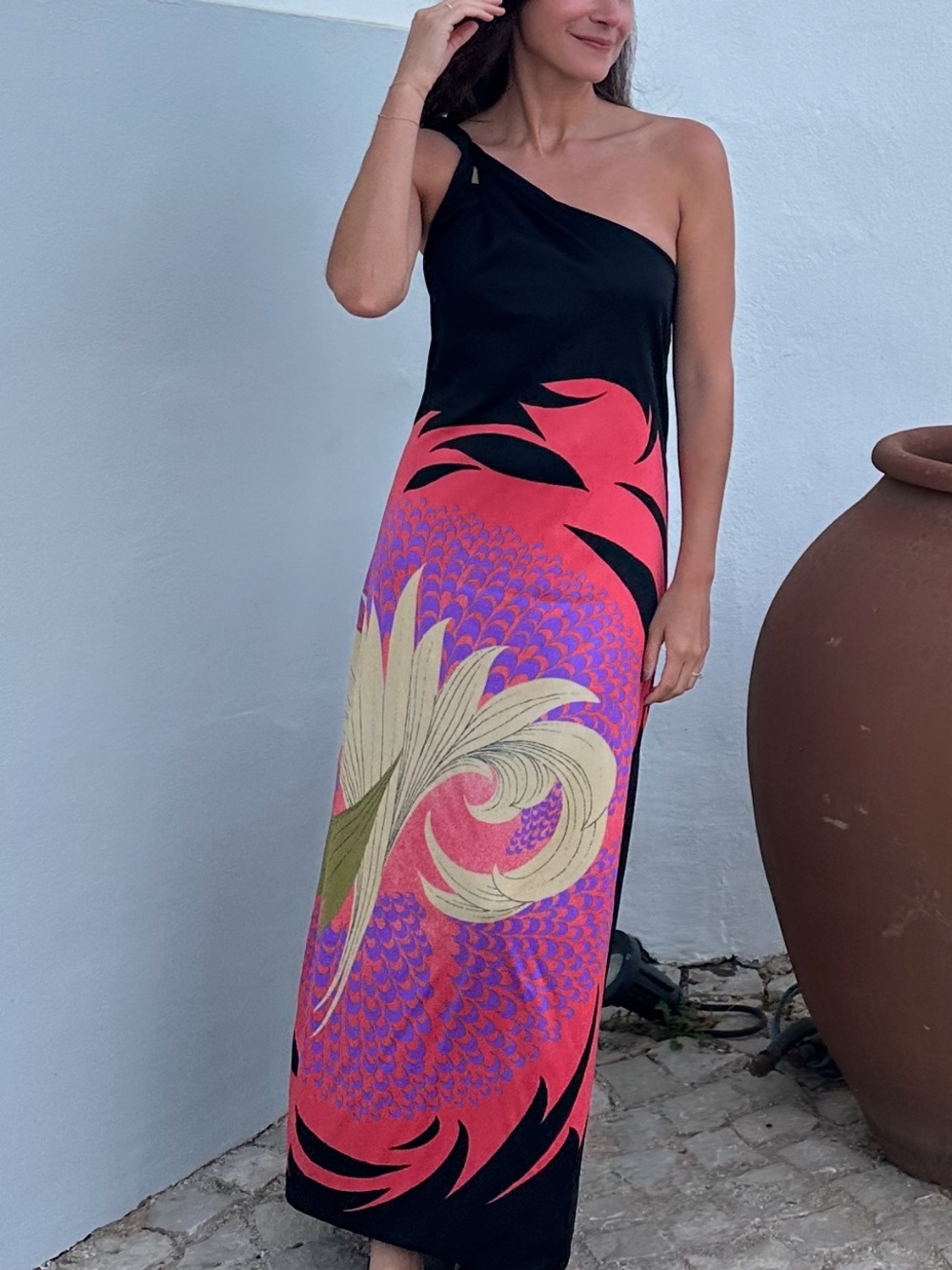 One-Shoulder Black and Coral Printed Dress